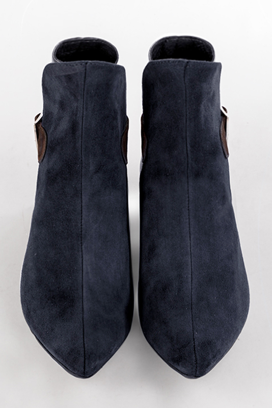 Women's navy blue, antique gold and dark brown elegant ankle boots, with buckles at the back. Tapered toe. Low flare heels - Top view